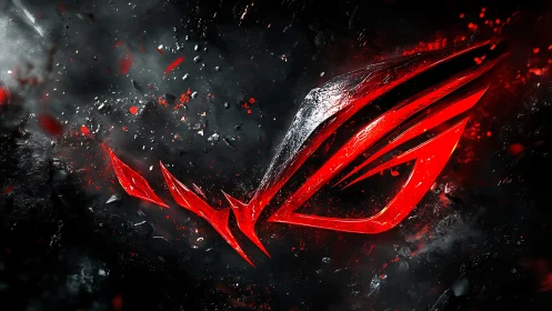 Fragmented crimson gaming emblem in dynamic particulate field.