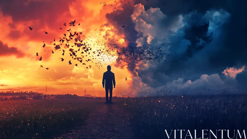 Silhouette dissolves between bifurcated sunset and storm sky