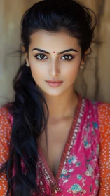 Portrait of woman in floral kurta with vivid bindi. Period.