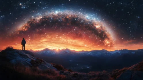 Lone figure watches glowing galaxy arch over mountains.