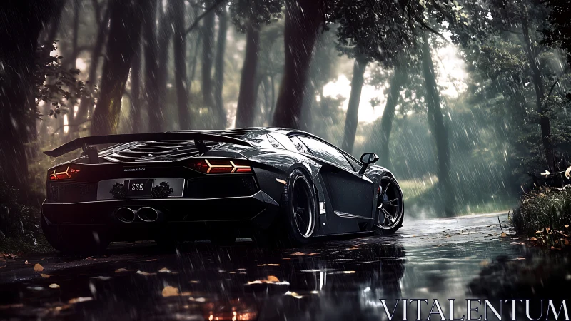 Rear view shows low sports car on wet forest road in rain