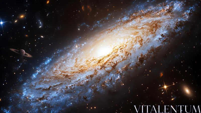 Spiral galaxy whirl with glowing core and wandering ringed world.