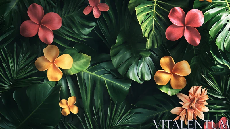Tropical Floral Composition Against Deep Emerald Foliage.