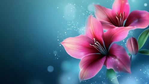 Magenta Blooms Dance Through Luminous Turquoise Reverie