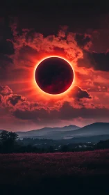 Total solar eclipse crowns blood-red sky over distant hills