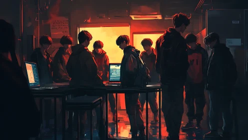 Digital painting of hacker collective in neon backlit lab interior.