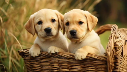 Labrador puppies in wicker basket amid soft field light.