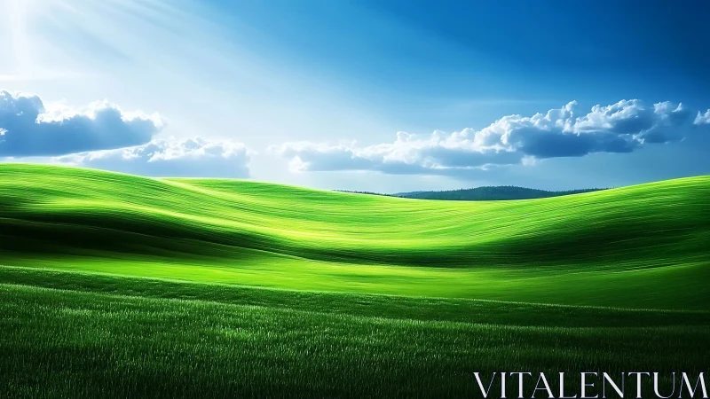 Green rolling hills under clear blue daytime sky.