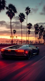 Sports car on coastal highway at dusk under palm trees.