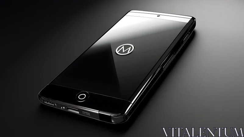 Sleek black smartphone on reflective dark surface.