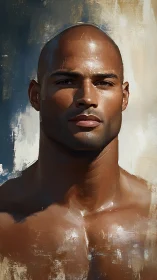 Sunlit portrait of strong bald man in painterly strokes.