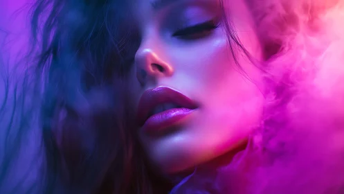 Neon lit closeup portrait in magenta cyan volumetric haze