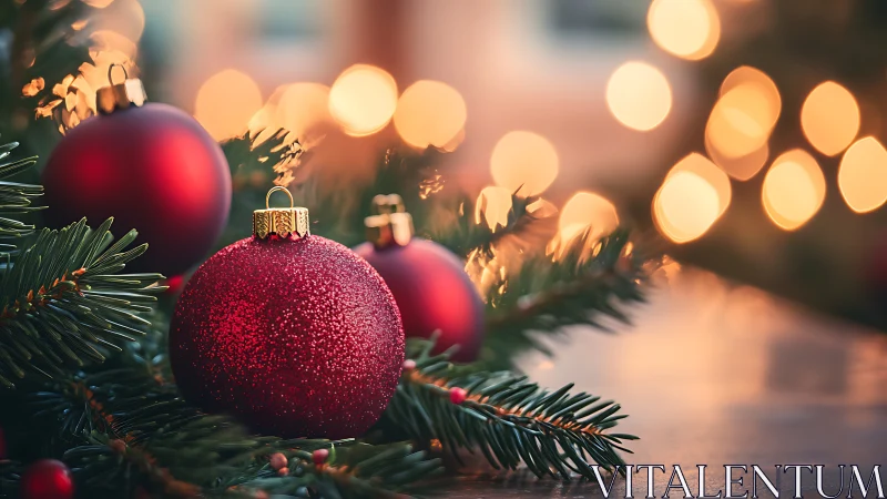 Crimson baubles bask in candle-soft bokeh glow of winter nights.