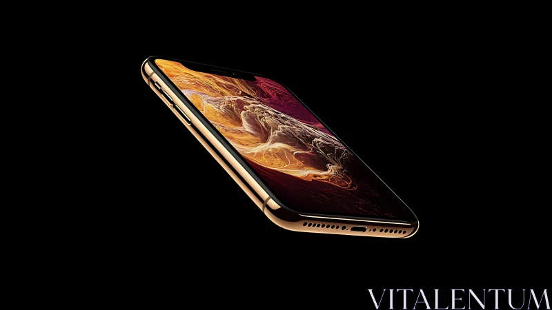 Gold smartphone with vivid screen on black background.