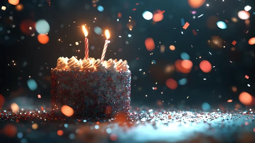 Luminous Birthday Cake with Lit Candles Amid Bokeh Particle Effects.