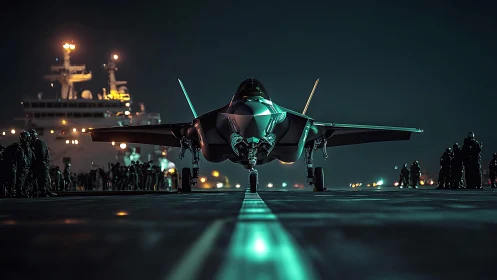 Stealth jet poised on carrier deck under neon nightfall.