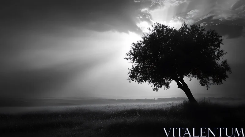 Solitary tree leans into dawn light over a misted field