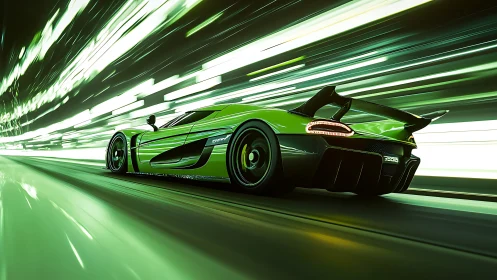High-speed green hypercar rendered with dynamic motion blur lighting