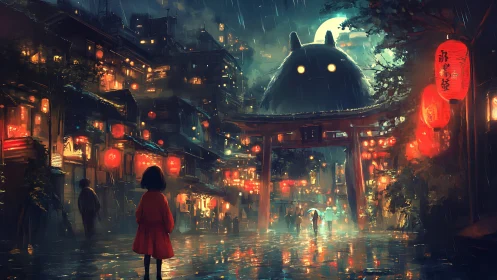 Rain-soaked neon alley reveals looming spirit above torii gate