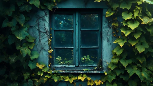 Emerald vines quietly reclaim an old teal cottage window