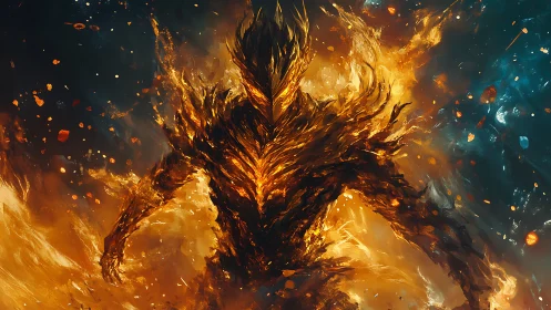 Fiery elemental warrior emerging from swirling inferno.