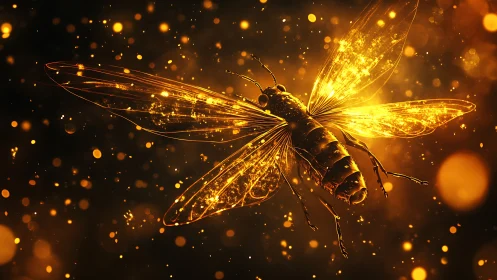 Golden firefly drifts through glowing night air and sparkles