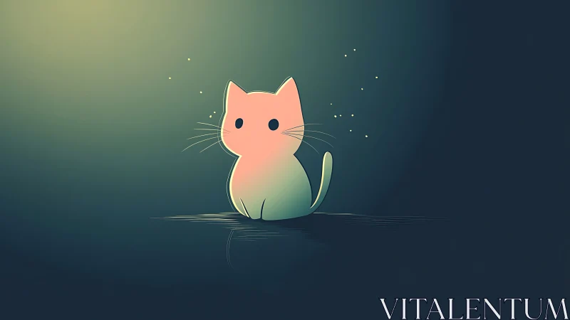 Kawaii Cat Character Glowing Against Teal Gradient Night Sky.