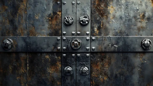 Heavily rusted metal door with bolts and circular locks.