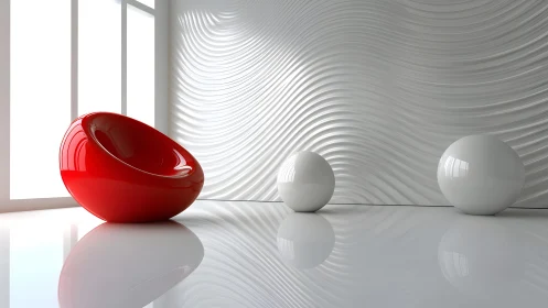 Modern minimalist room with red chair and sculptural white decor.