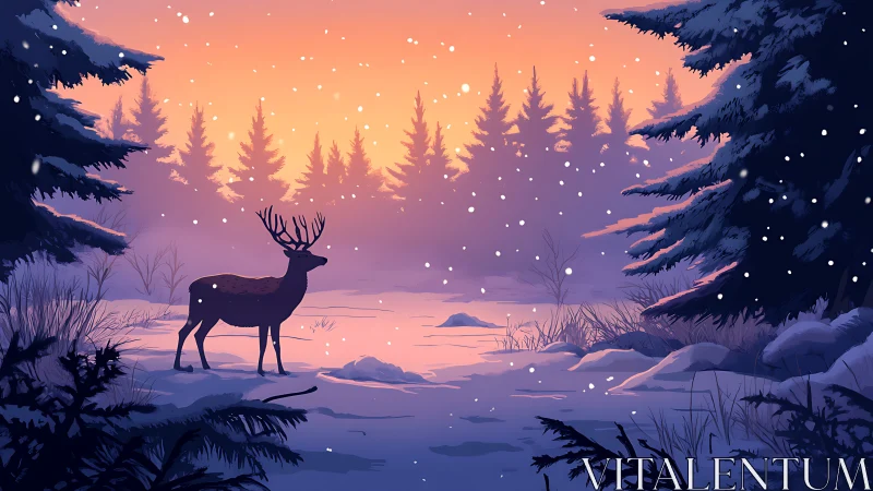 Stag stands in tranquil snowy forest at pastel sunrise.