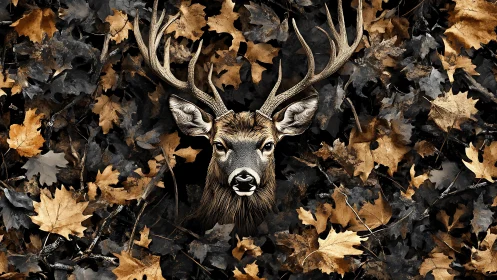 Stag portrait framed by layered autumn forest leaves.