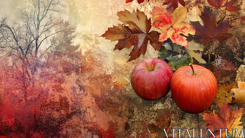 Two ripe apples rest among layered autumn foliage textures