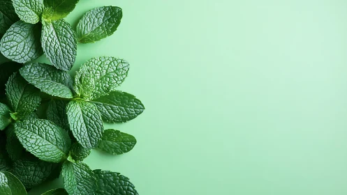 Vibrant mint leaves form textured botanical pattern on green field