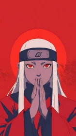 Crimson ninja portrait with focused hand seal gesture.