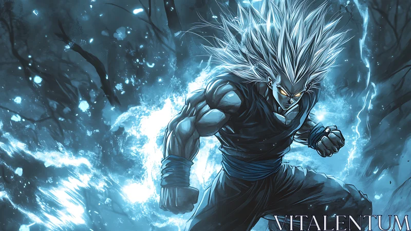 Dynamic anime warrior amid electrified energy vortex composition.