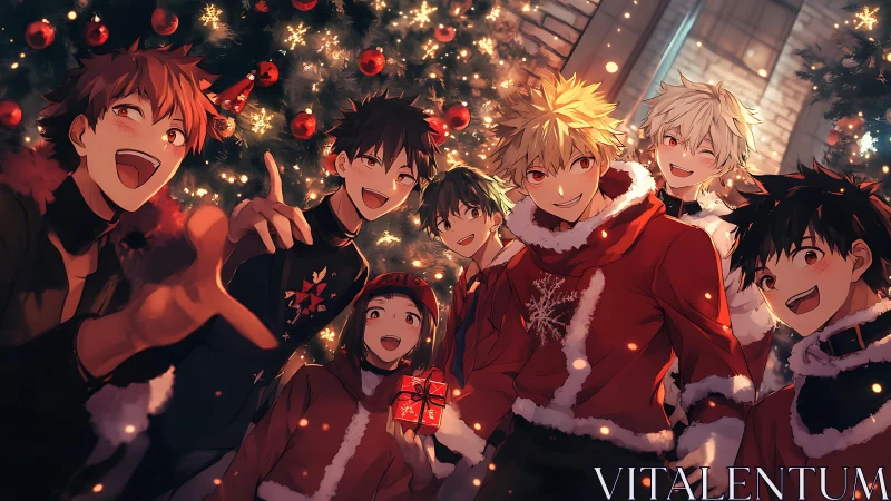 Joyful anime friends share cozy Christmas cheer together