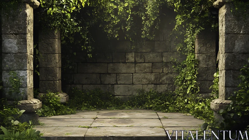 Quiet stone courtyard wrapped in soft green overgrowth.