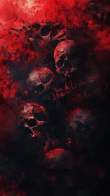 Haunting crimson skulls emerging from swirling red mist.