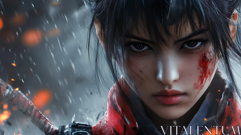 Rain-soaked cyber-samurai portrait with cinematic focus depth.