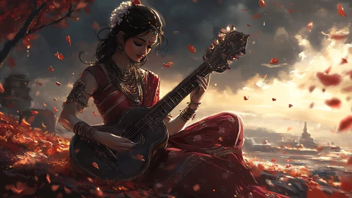 Sitar goddess shapes dusk melody amid swirling red petals.