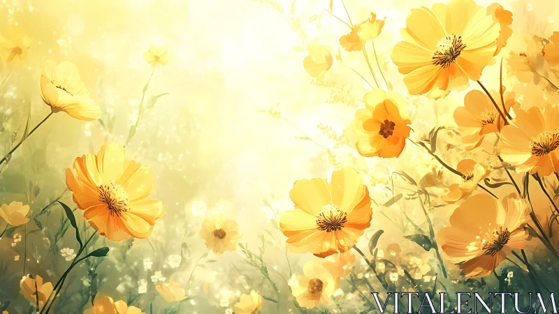 Backlit yellow wildflowers in diffuse golden atmospheric glow