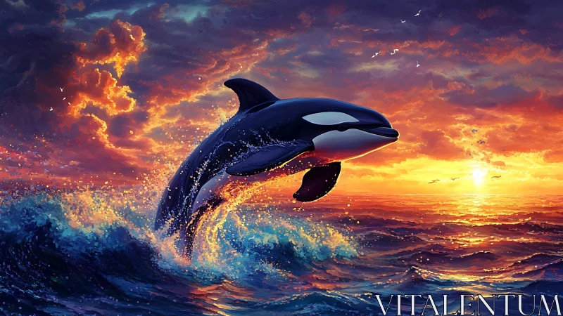 Orca leaping through iridescent sunset-streaked seascape.