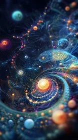 Spiral cosmic orbits with glowing fractal star systems.
