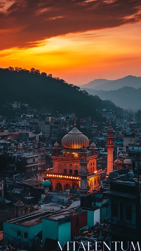 Illuminated domed shrine in dense hillside city at dusk glow
