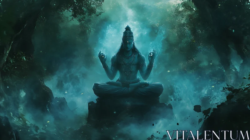 Meditating blue deity in misty forest with glowing aura.