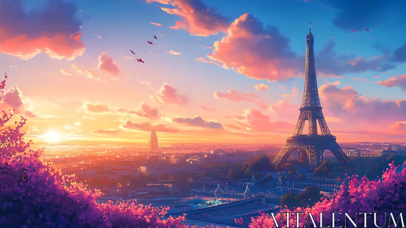 Digital painting of Eiffel Tower at radiant pastel sunset.