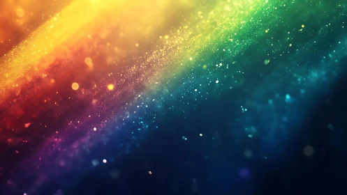 Vibrant rainbow light streaks with sparkling particles, digital art.