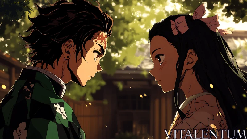 Anime siblings share a heartfelt gaze beneath soft sunlight.