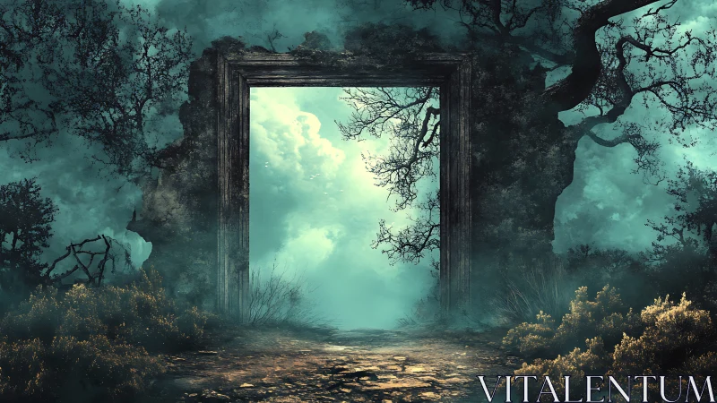 Fogborne forest gateway opening into untamed sky realms.