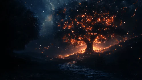Luminescent tree silhouette against starfield with radiant energy